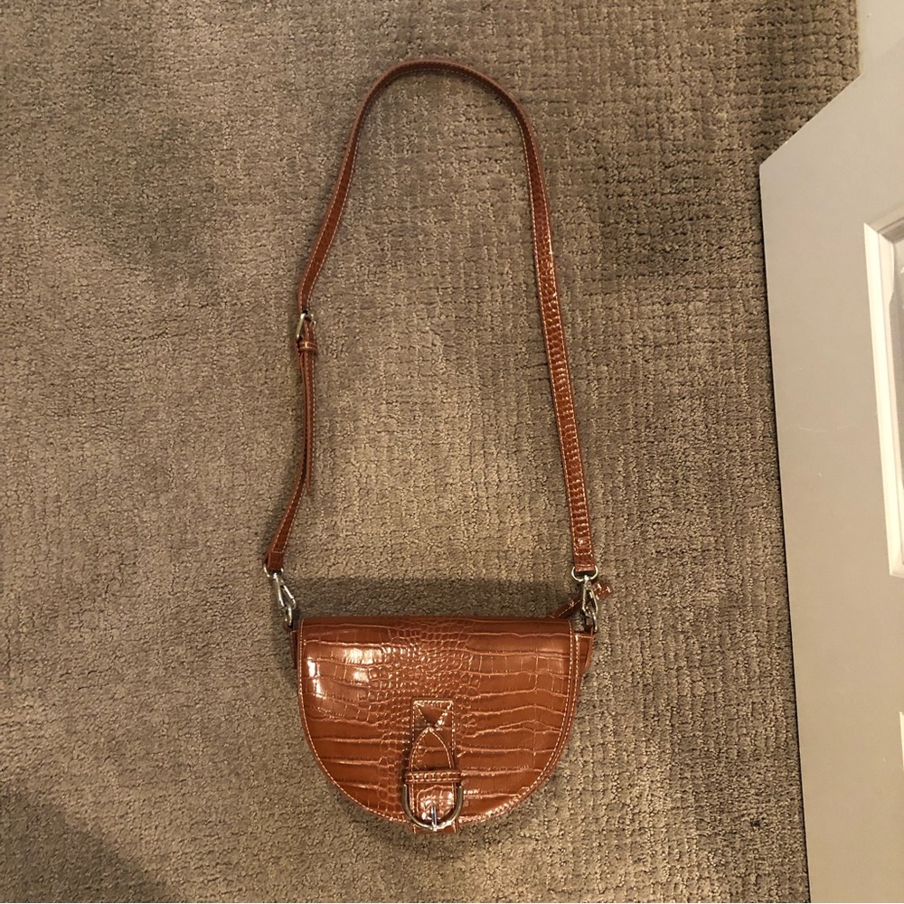 Brown Faux Croc Leather Buckle Crossbody Bag - Picture 3 of 13